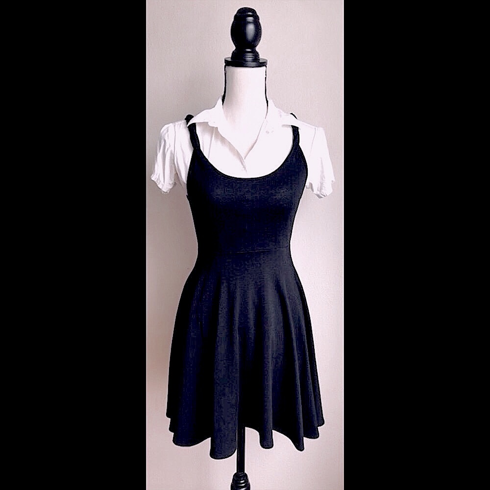 Black Scoop Neck Fit & Flare Dress: Mini/Midi Skirt, Braided Straps, Sz. XS